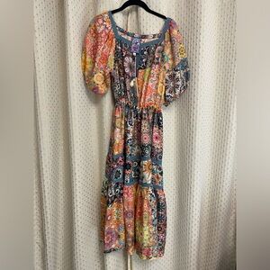 NWT Johnny Was
Kaleida Zenovia Tiered Patchwork Silk Midi Dress